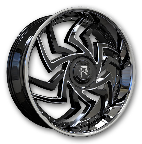 Revenge Luxury Wheels RL107 Black With Milled Windows-Chrome Stainless Steel Lip With Floater Cap